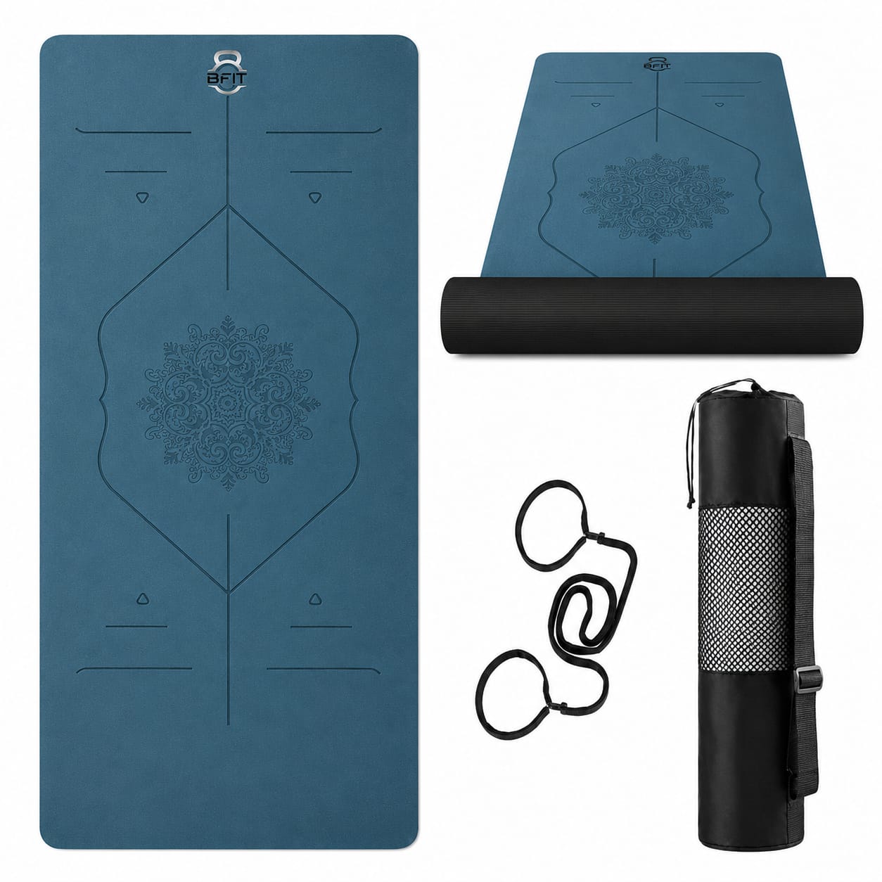 B Fit Extra Wide 36x68 Inch 9 MM Thick Premium TPE Yoga Mat with Alignment Printed Dark Blue -Black Color - Classic Pro Yoga Mat Eco Friendly Non Slip Fitness Exercise Mat with Smart Carry Bag-Workout Mat for Yoga Pilates and Floor Exercises