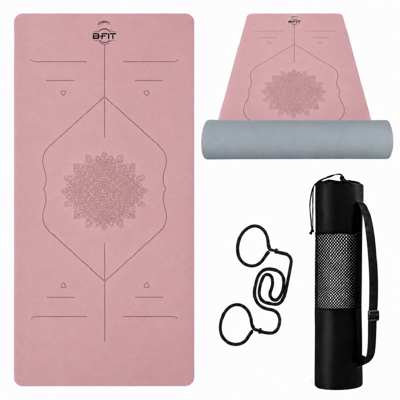 B Fit Extra Wide 36x68 Inch 9 MM Thick Premium TPE Yoga Mat with Alignment Printed Purple-Grey Color - Classic Pro Yoga Mat Eco Friendly Non Slip Fitness Exercise Mat with Smart Carry Bag-Workout Mat for Yoga Pilates and Floor Exercises
