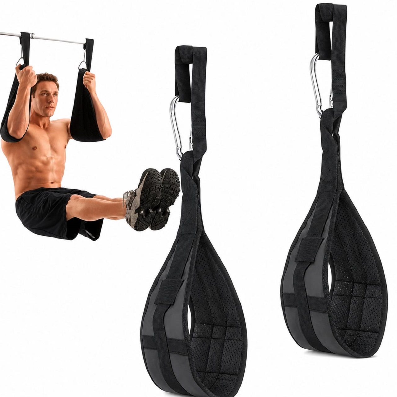 B Fit Fitness Hanging Close Loop Design Ab Straps for Pull Up Bar Core Strength Training - Soft Padded Exercise Straps for Ab Swing Leg Raises 2 Hang Bar Strap with 2 Steel Carabiners - Abs Equipment for Home Gym