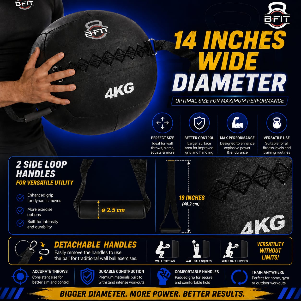 B fit Wall Ball with Handles 4 Kg Weighted Exercise Ball for Dynamic Home Gym HIIT Workouts Build Strength Power Endurance Cardio Fitness Soft Leather Heavy Duty Material Comfortable Grip Balanced Weight