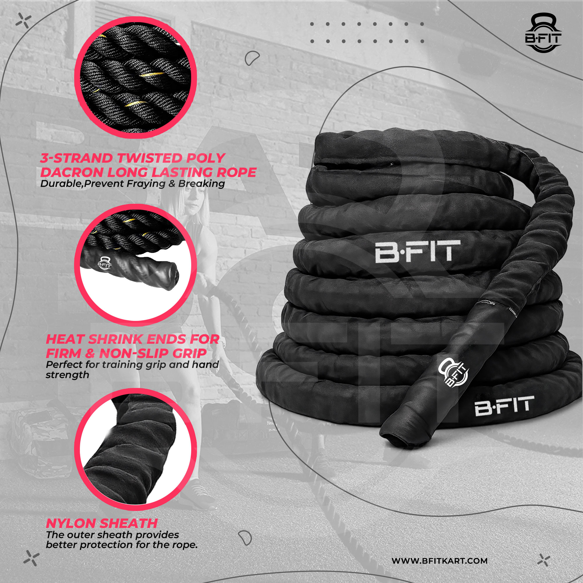 B Fit Battle Rope With Sleeves Length 33 Feet 15 Thick with Anchor Kit Full Body Workout Equipment to Lose Fat Boost Strength Fast Efficient Heavy Rope