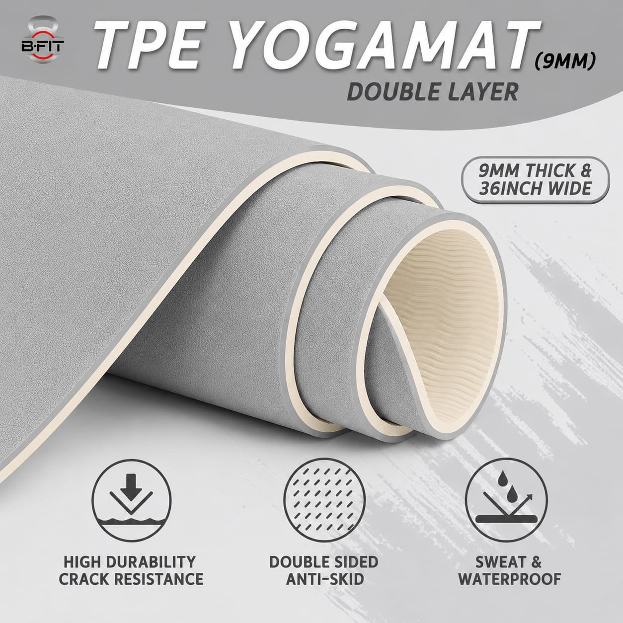 B Fit Extra Wide 36x72 Inch 9 MM Thick Premium TPE Yoga Mat with Alignment Printed Grey-Creame Color - Classic Pro Yoga Mat Eco Friendly Non Slip Fitness Exercise Mat with Smart Carry Bag-Workout Mat for Yoga Pilates and Floor Exercises