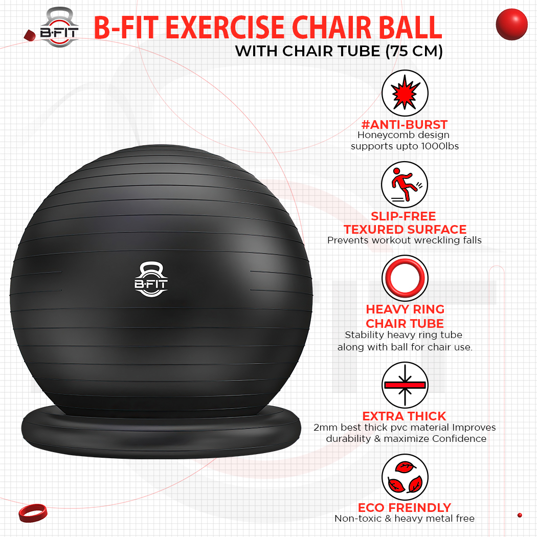 B fit PVC Exercise Printed Anti burst Chair Gym Ball Size 75 cm Black
