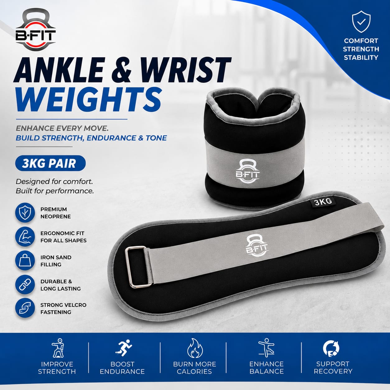 Ankle Wrist Weights 3KgX 2 Each with Fully Adjustable Strap for Arm Hand Leg - Best for Walking Jogging Gymnastics Aerobics