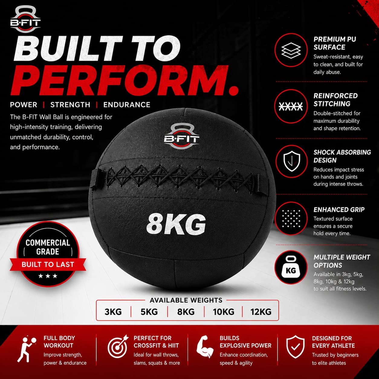 B fit Wall Ball 8 Kg Weighted Exercise Ball for Dynamic Home Gym HIIT Workouts Build Strength Power Endurance Cardio Fitness Soft Leather Heavy Duty Material Comfortable Grip Balanced Weight