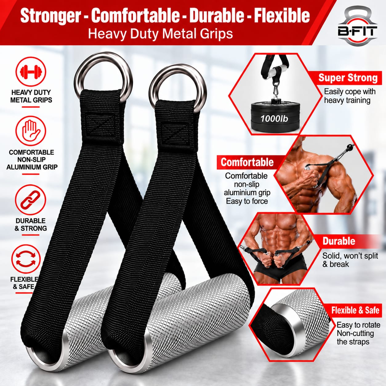 B Fit Heavy Duty Nylon Gym Handle with steel pipe and  snap hooks 8MM Pair
