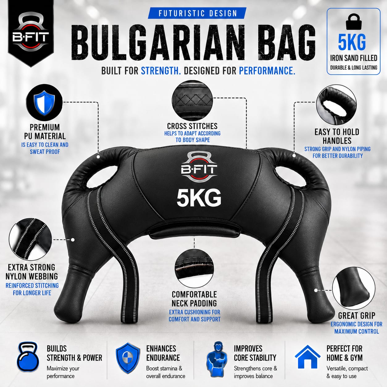 B Fit Upgraded Bulgarian Bag 5 Kg for Fitness Gym Training Cross fit Wrestling Judo Grappling MMA Full Body Workout