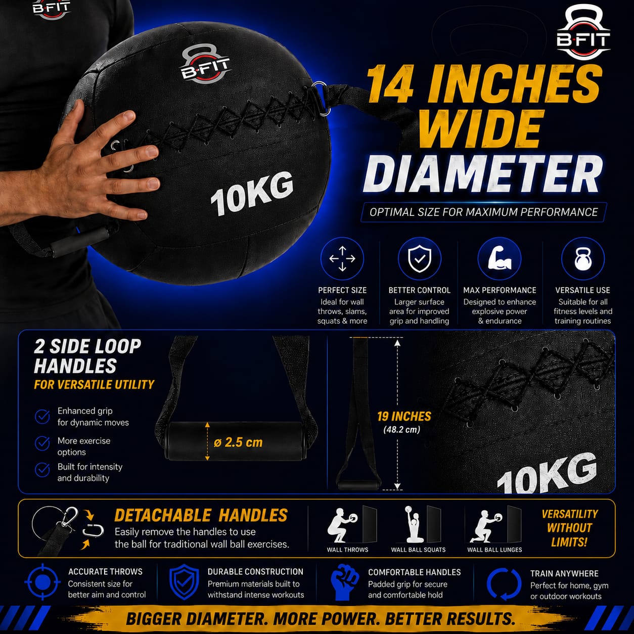 B fit Wall Ball with Handles 10 Kg Weighted Exercise Ball for Dynamic Home Gym HIIT Workouts Build Strength Power Endurance Cardio Fitness Soft Leather Heavy Duty Material Comfortable Grip Balanced Weight
