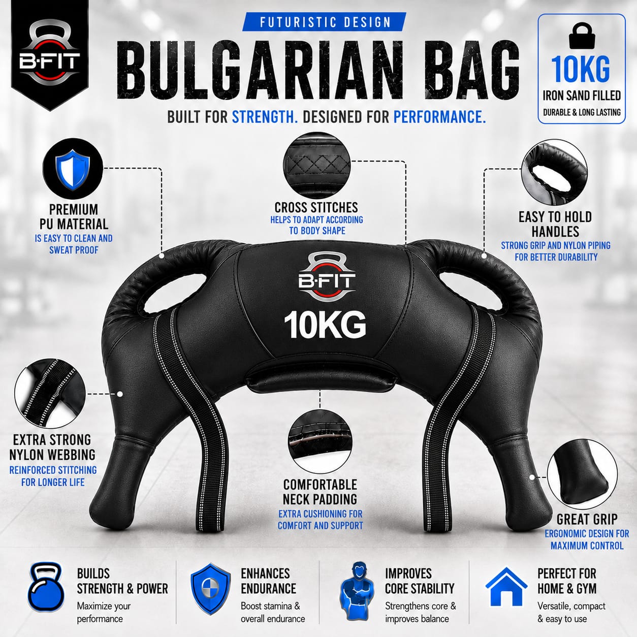 B Fit Upgraded Bulgarian Bag 10 Kg for Fitness Gym Training Cross fit Wrestling Judo Grappling MMA Full Body Workout