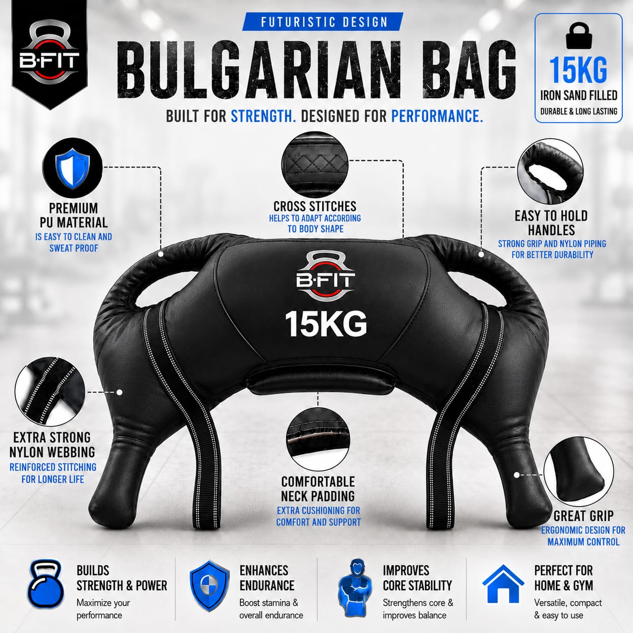 B Fit Upgraded Bulgarian Bag 15 Kg for Fitness Gym Training Cross fit Wrestling Judo Grappling MMA Full Body Workout