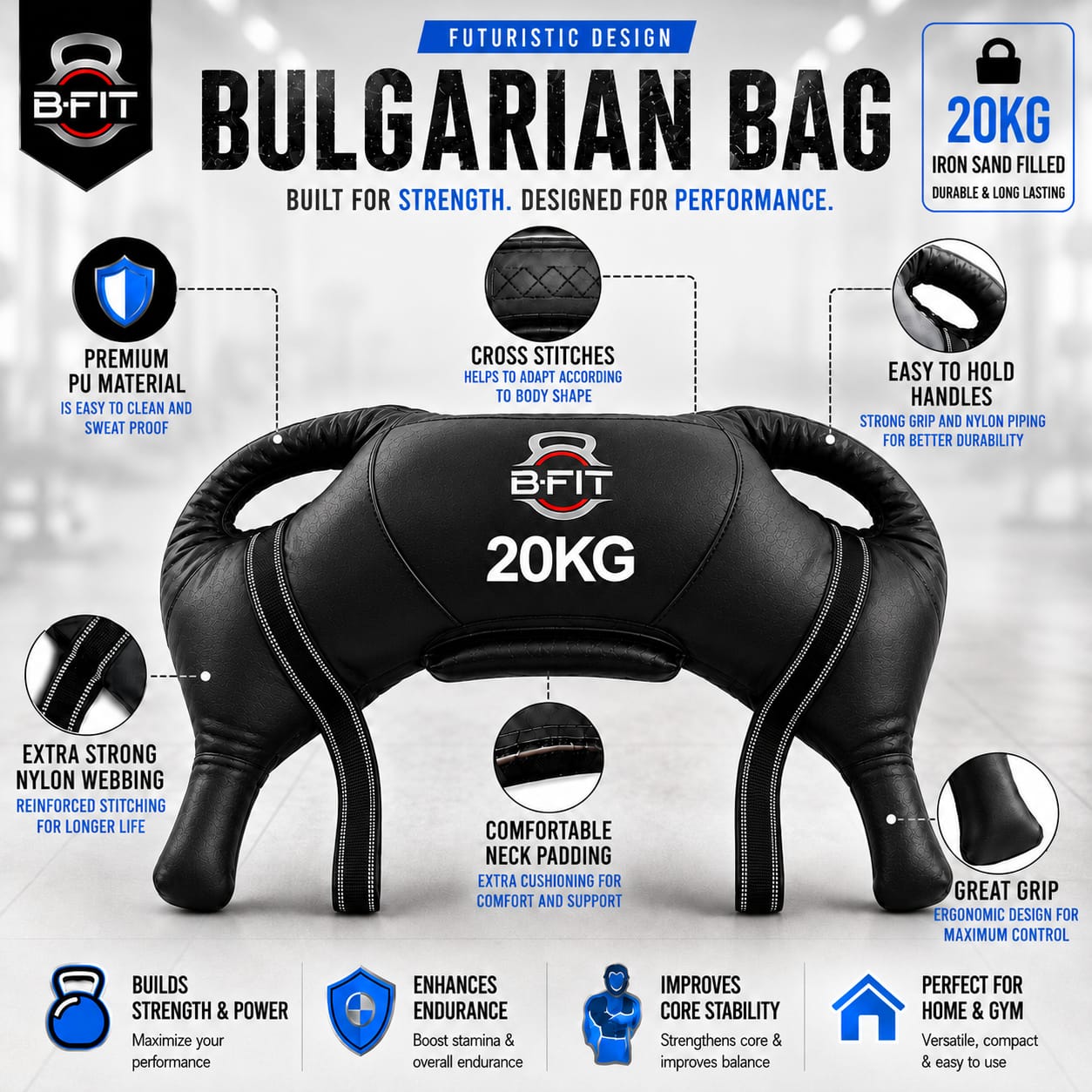 B Fit Upgraded Bulgarian Bag 20 Kg for Fitness Gym Training Cross fit Wrestling Judo Grappling MMA Full Body Workout