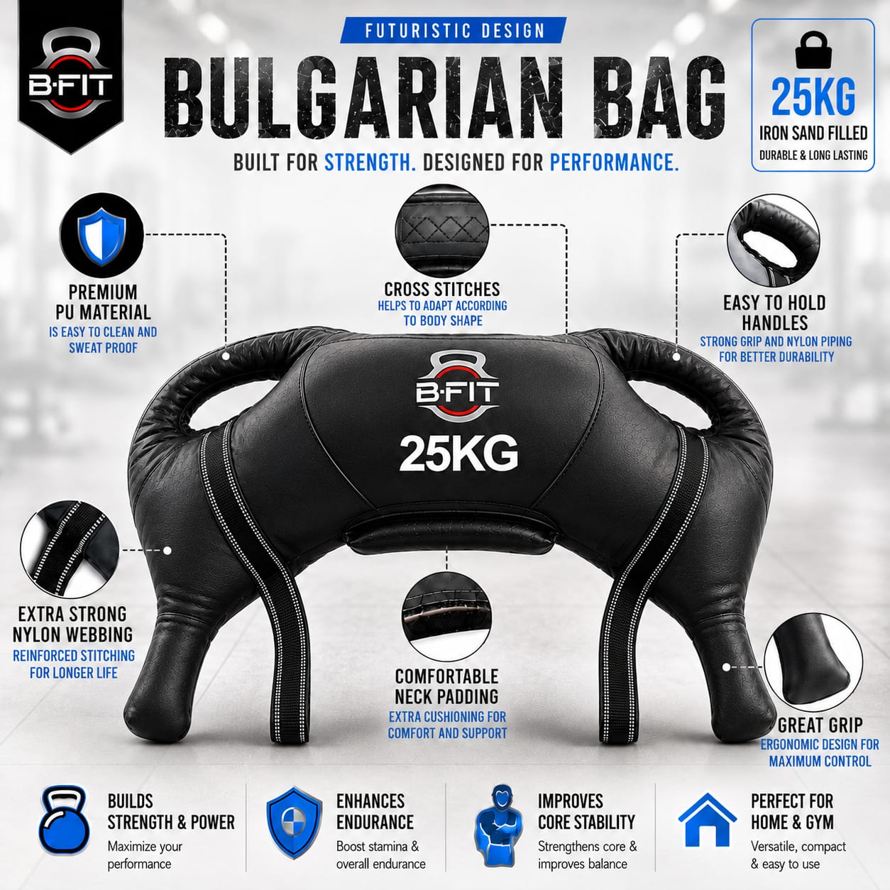 B Fit Upgraded Bulgarian Bag 25 Kg for Fitness Gym Training Cross fit Wrestling Judo Grappling MMA Full Body Workout