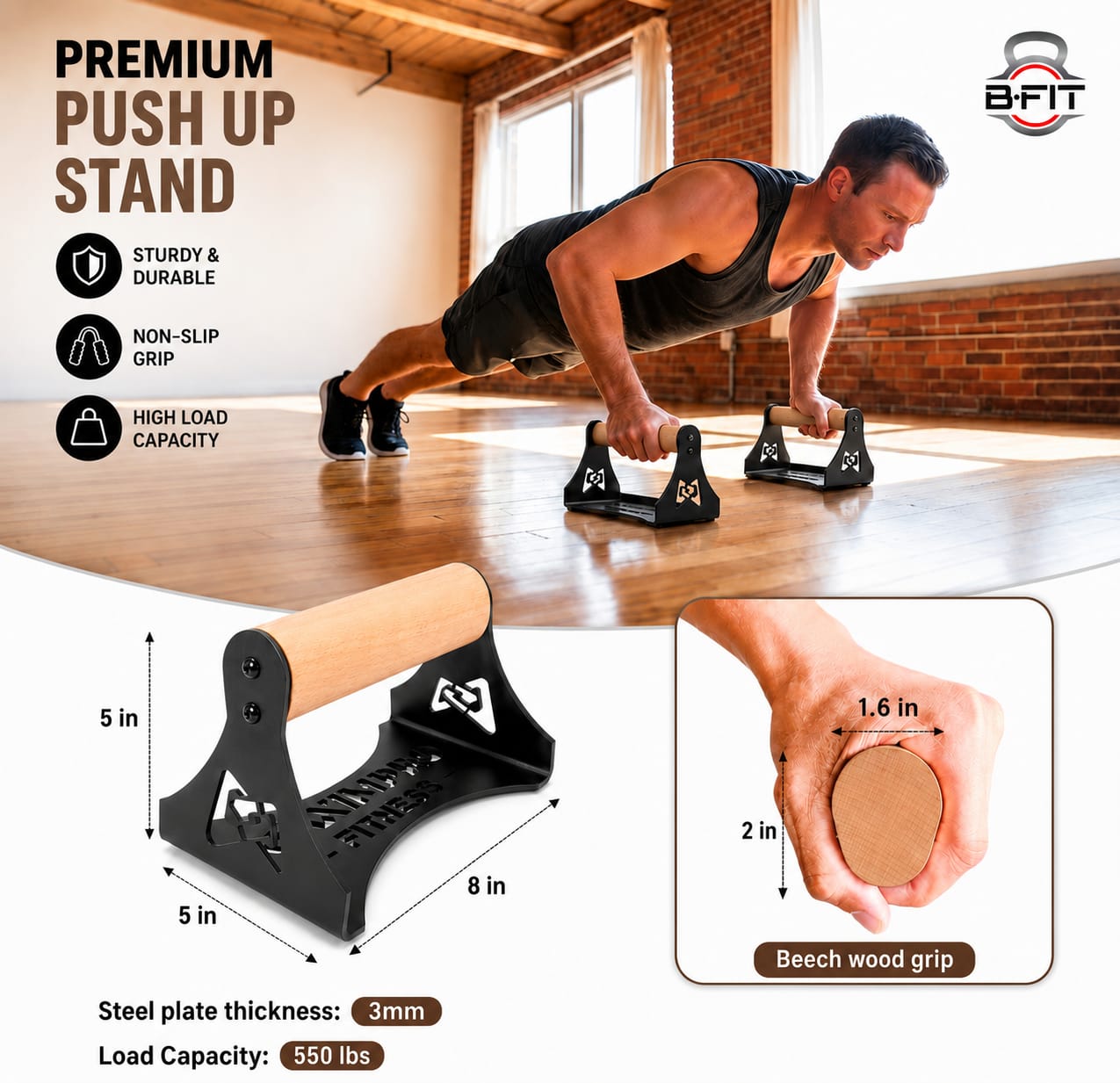 B Fit Push Up Handles with Ergonomic Wooden Handles Heavy-Duty Steel - Beech Wood