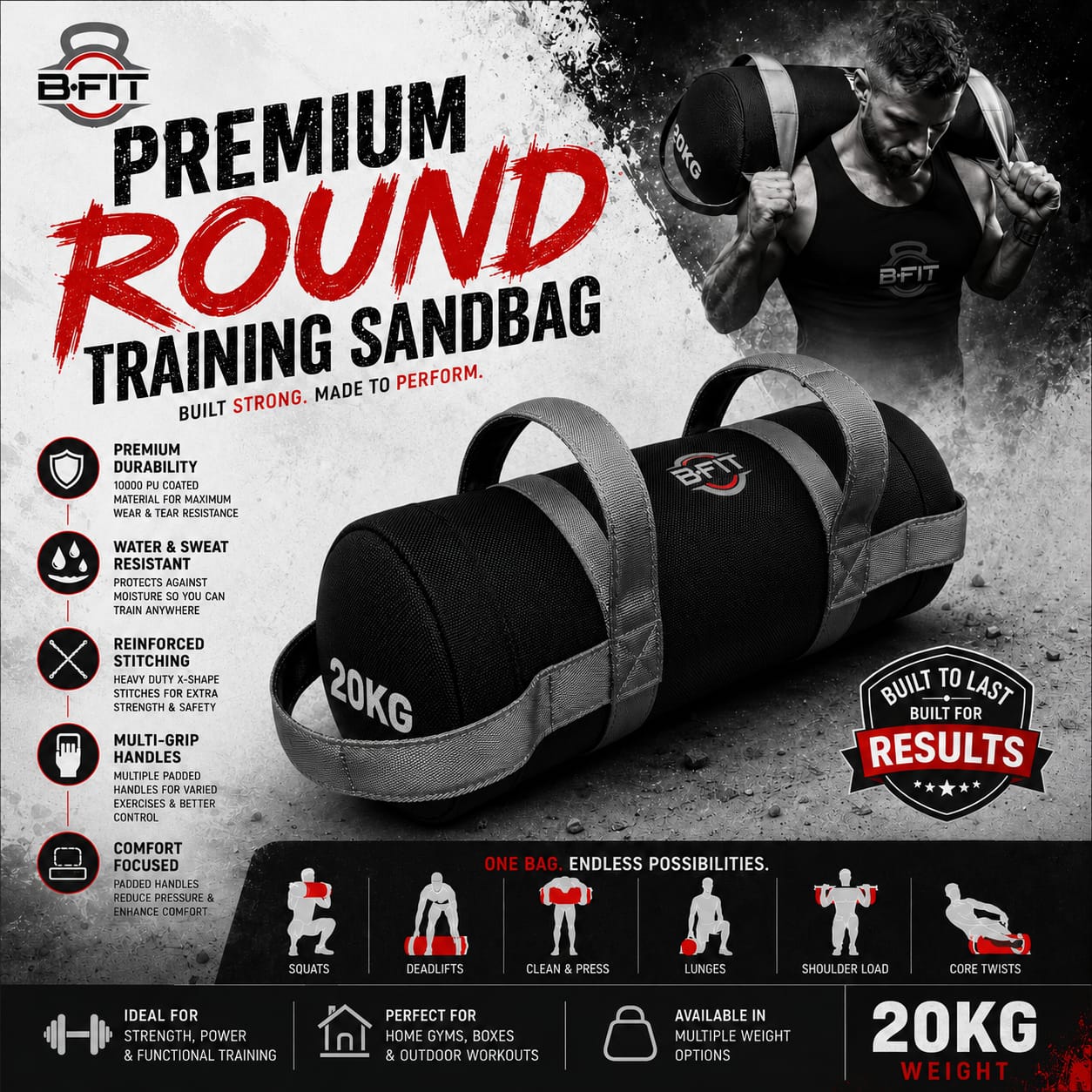 B Fit Fitness Sand Bag 20 Kg for Workout Heavy Duty Sand Bags Weights for Crossfit at Home Workouts Cross-Training Conditioning and Exercise