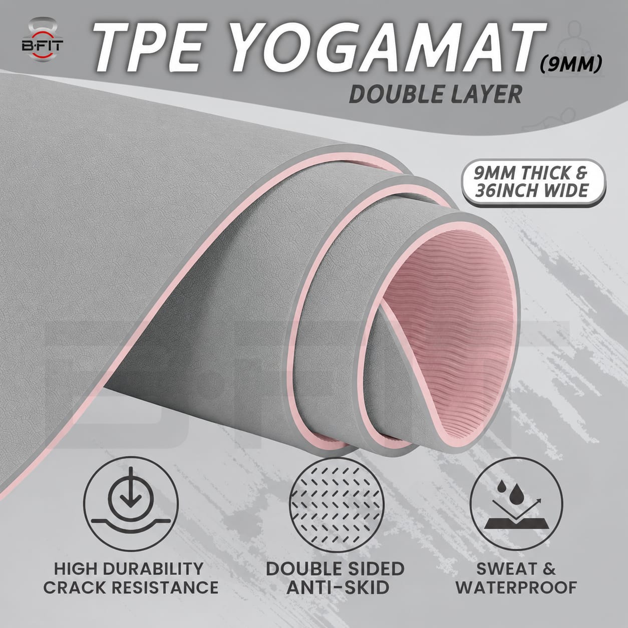 B Fit Extra Wide 36x72 Inch 9 MM Thick Premium TPE Yoga Mat with Alignment Printed Grey-Pink Color - Classic Pro Yoga Mat Eco Friendly Non Slip Fitness Exercise Mat with Smart Carry Bag-Workout Mat for Yoga Pilates and Floor Exercises