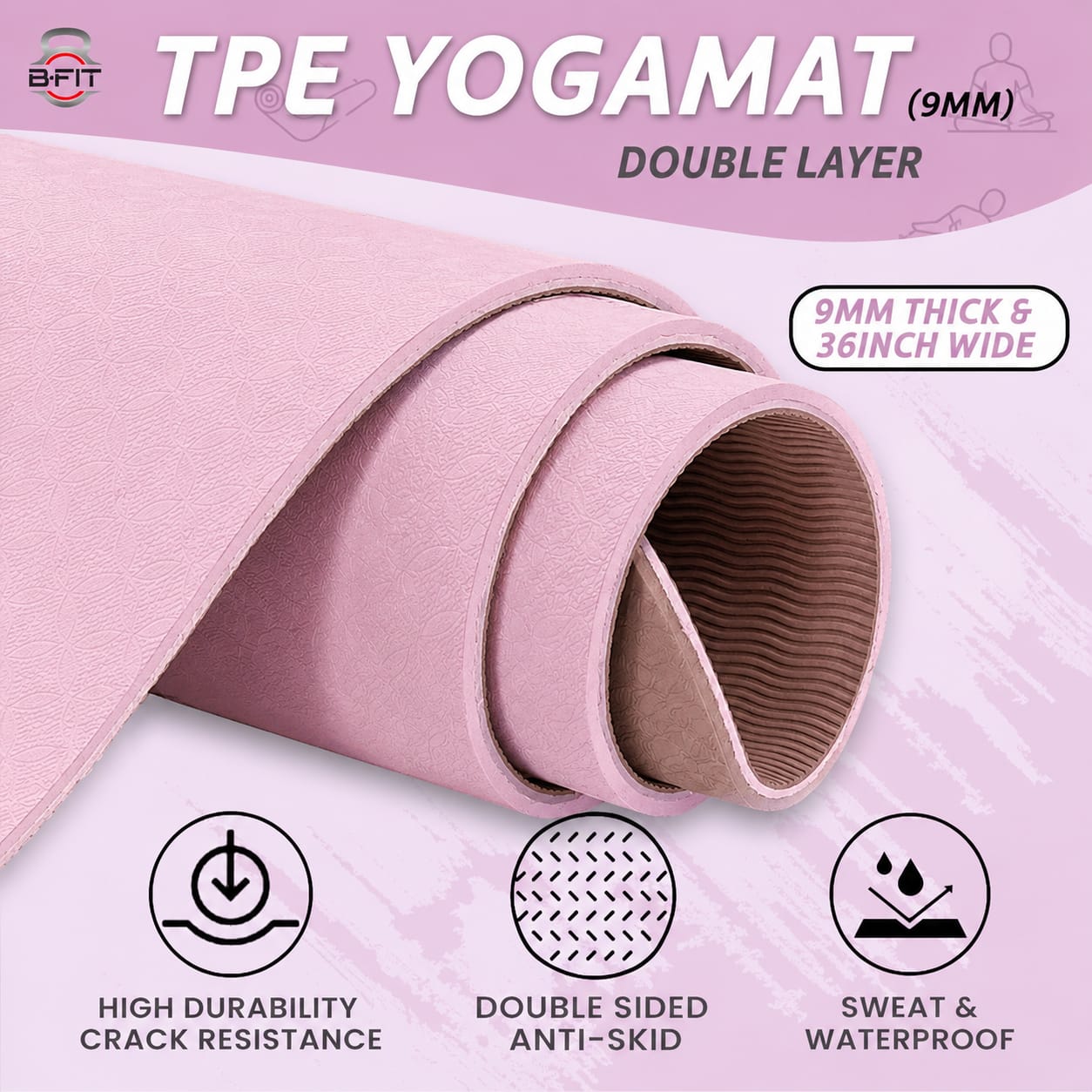 B Fit Extra Wide 36x72 Inch 9 MM Thick Premium TPE Yoga Mat with Alignment Printed Peach-Tan Color - Classic Pro Yoga Mat Eco Friendly Non Slip Fitness Exercise Mat with Smart Carry Bag-Workout Mat for Yoga Pilates and Floor Exercises