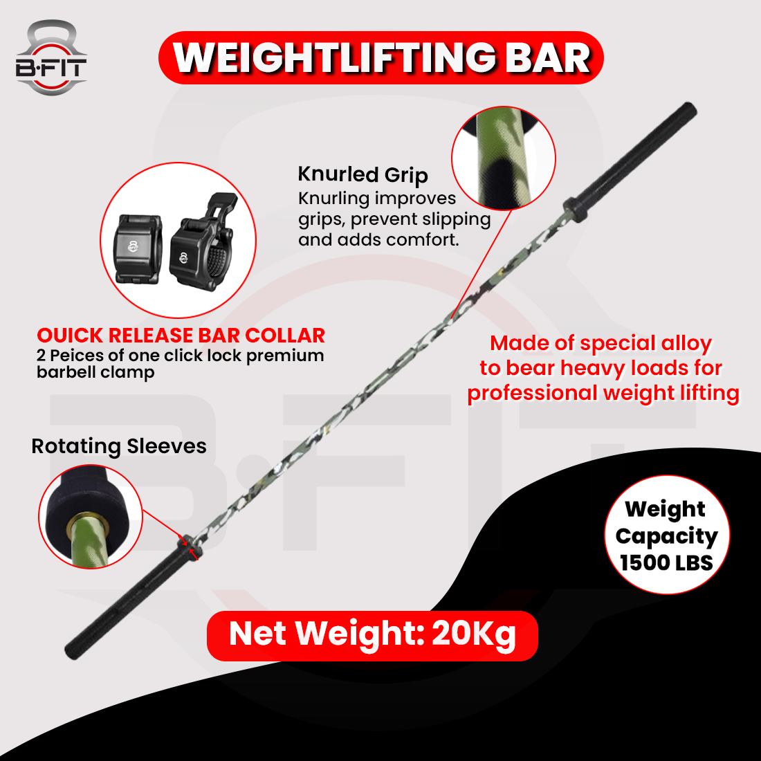 B Fit Olympic Barbell 7 Feet for Home Commercial Gym 1500-Pound Capacity With Collars