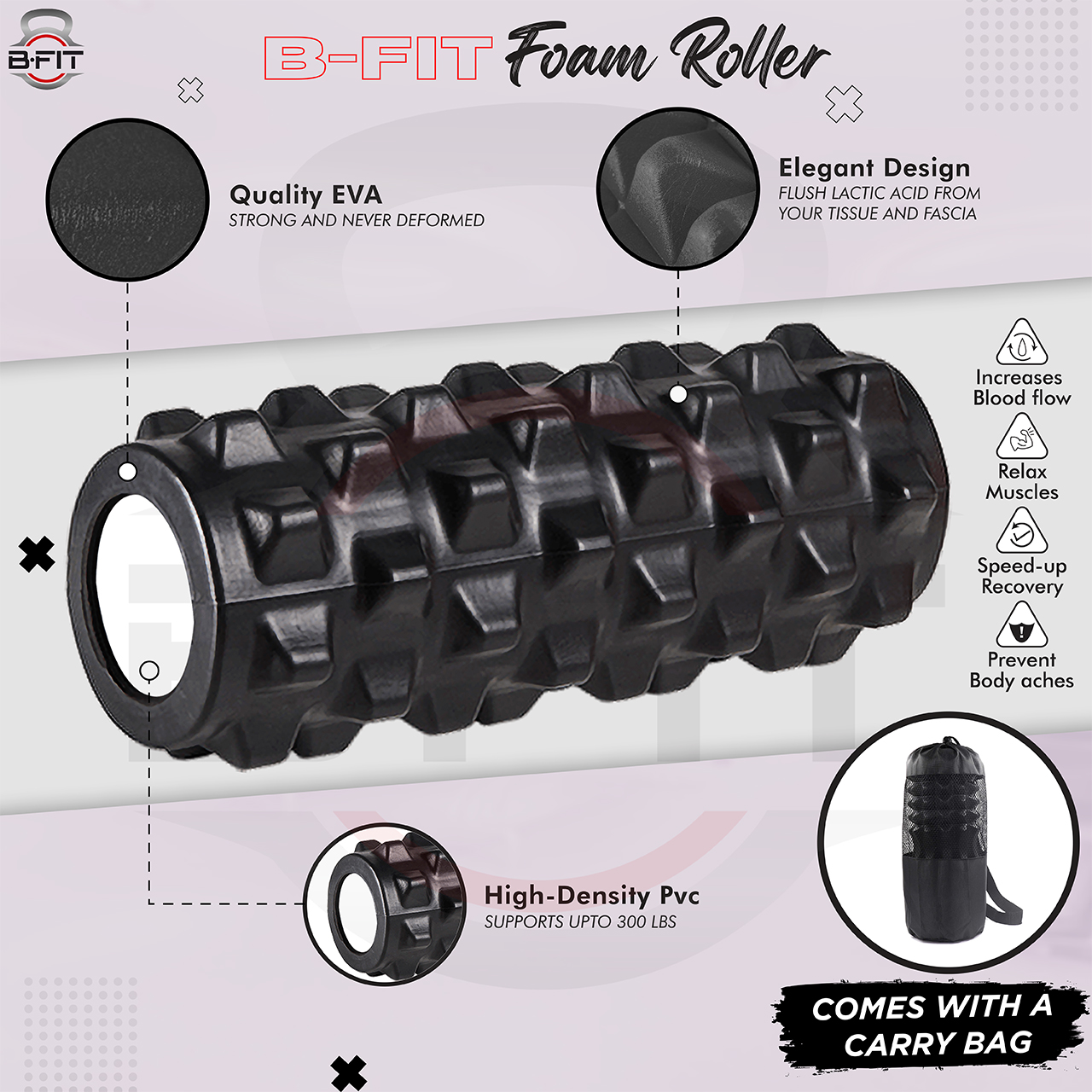 B Fit Yoga 13 Inch Foam Roller with Carry Bag for Back Pilates Exercise Massager Roller for Back Massage Assorted Colour