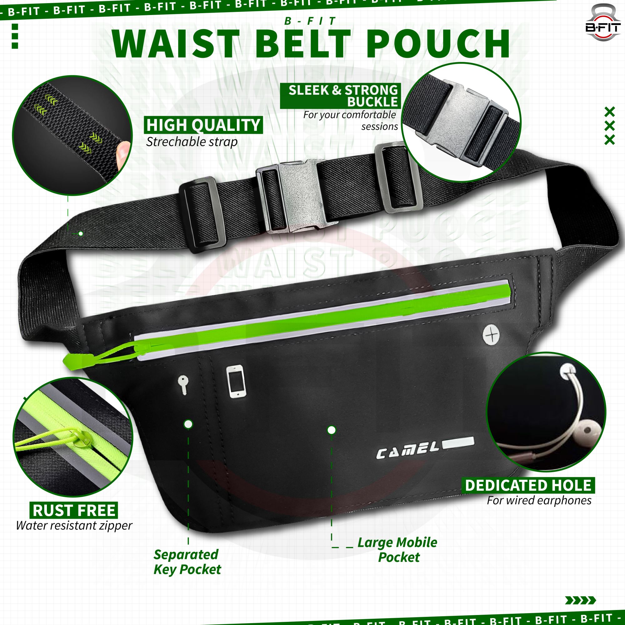 B Fit Running Belt with Bounce-Free Pouch for iPhone and Samsung Galaxy - Ideal for Running Walking Cycling and Gym Workouts