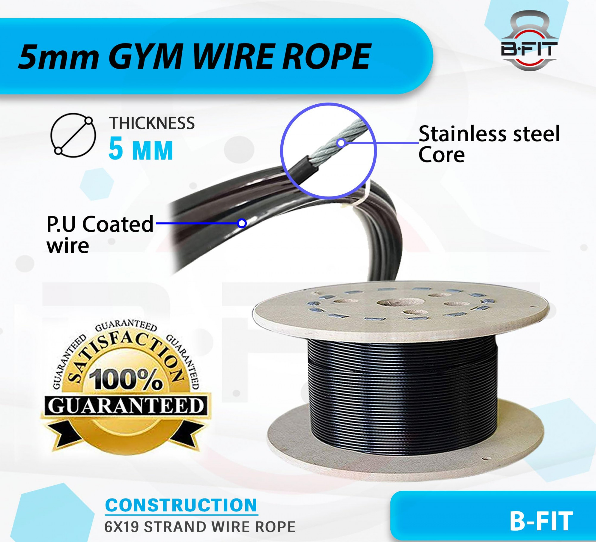 B Fit Gym Wire Rope 5 MM Thick Material PU Polyurethane Coated Black Color Cable Inside Steel