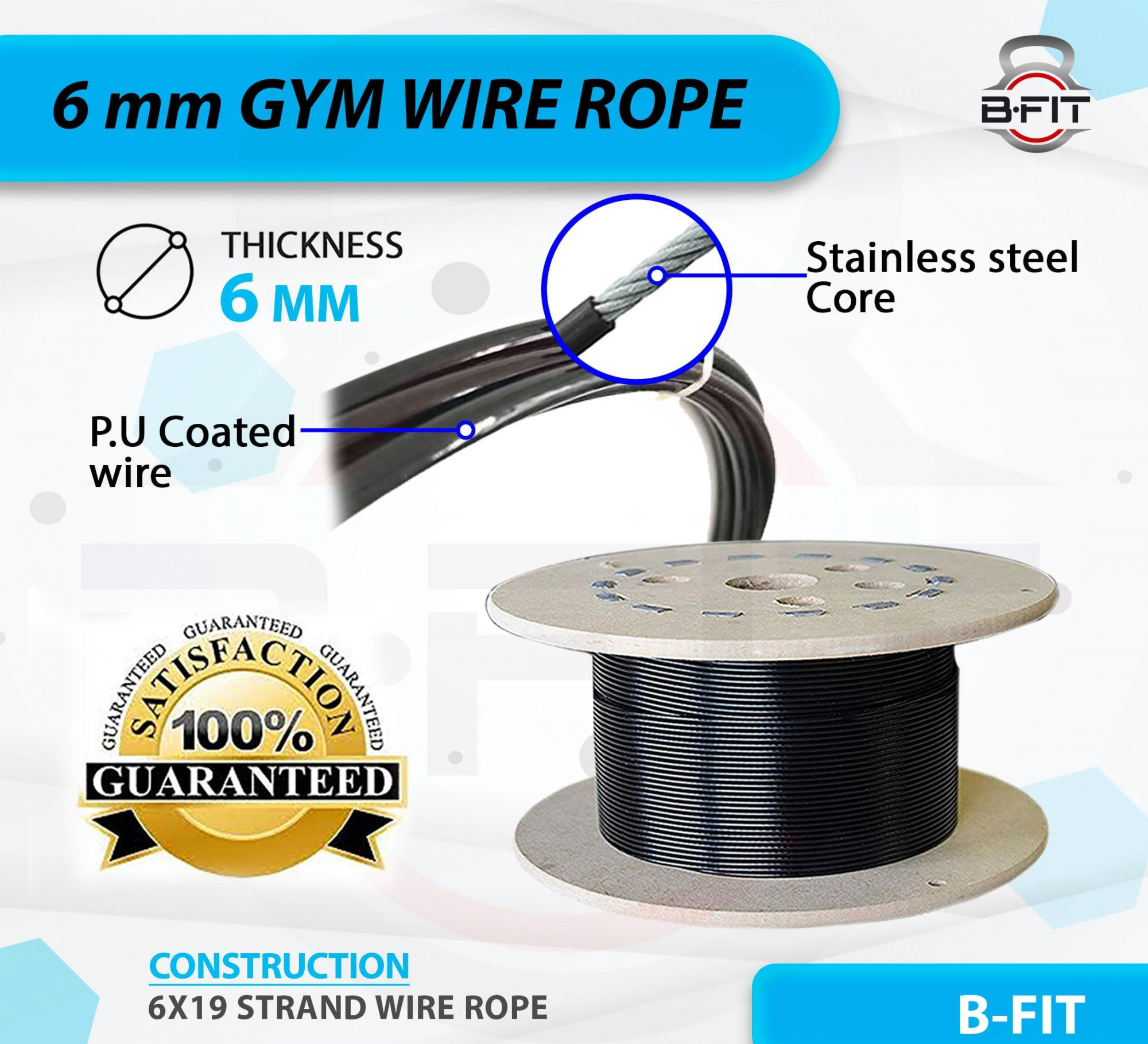 B Fit Gym Wire Rope 6 MM Thick length Material PU Polyurethane Coated Black Color Cable Inside Steel