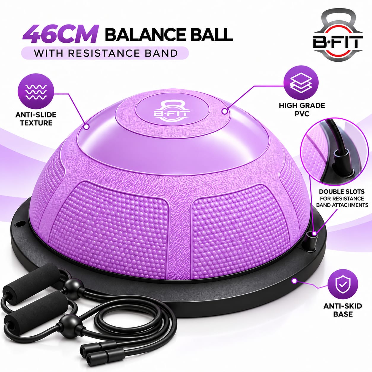 B Fit Balance Trainer Stability Half Ball 46 Cm with Pump - Improve Core and Ab Strength With Full Body Home Gym Workouts Or Fitness Training