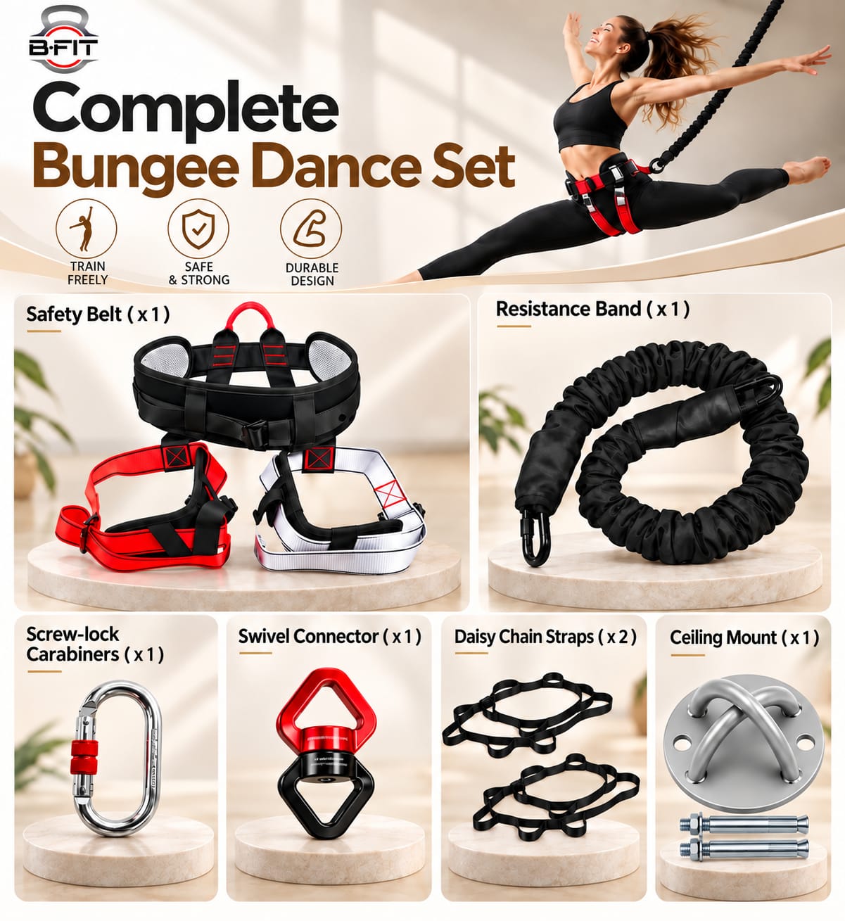 B Fit Upgraded Version Heavy Bungee Resistance Band Set Gravity Yoga Bungee Cord Resistance Belt Set 4D Bungee Dance Rope Workout Fitness Home Gym Professional Training Equipment 80 Kgs