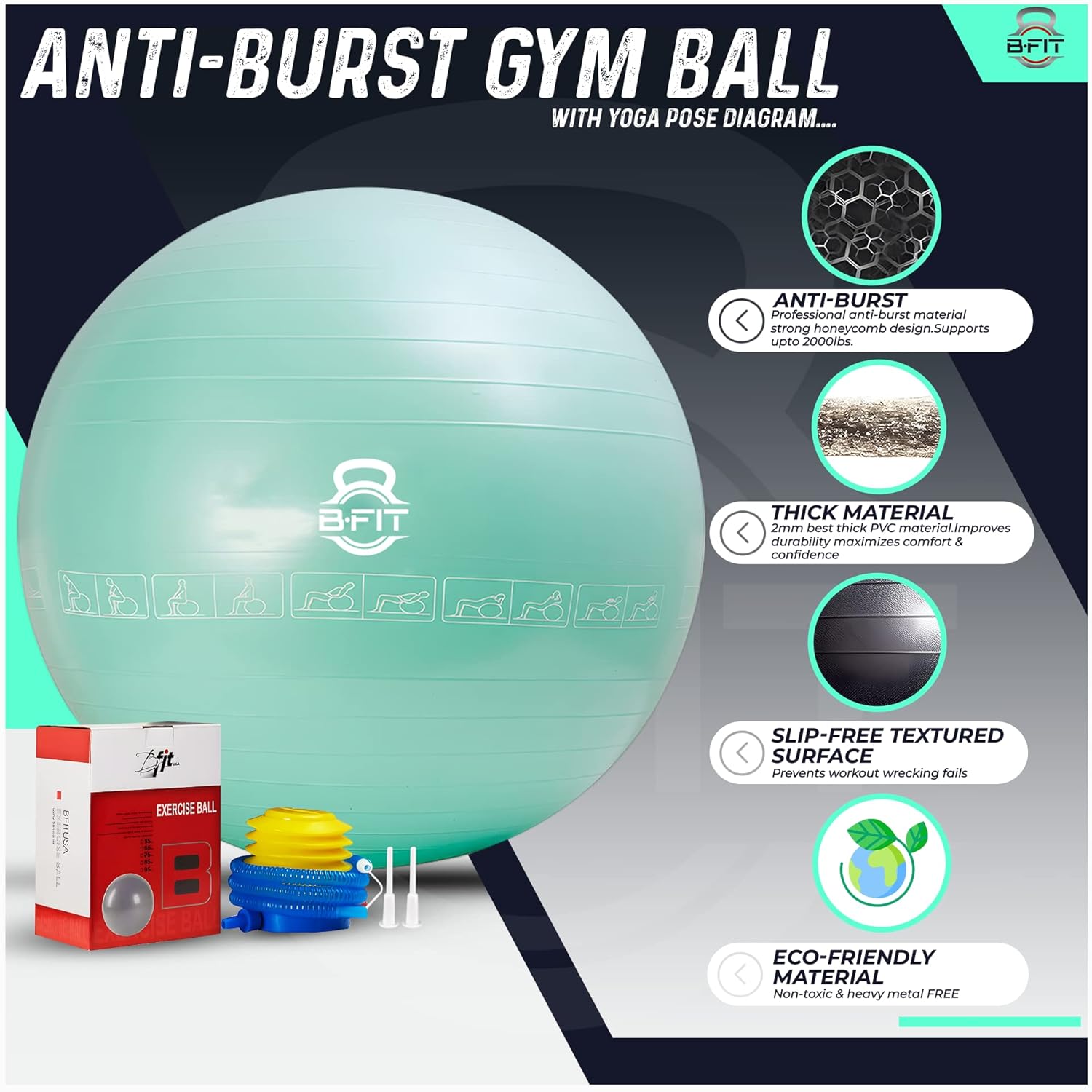 B Fit Exercise Printed Heavy Duty Teal Commercial Gym Ball 65-95 Cm- Non-Slip Stability Ball - Anti Burst Yoga Ball