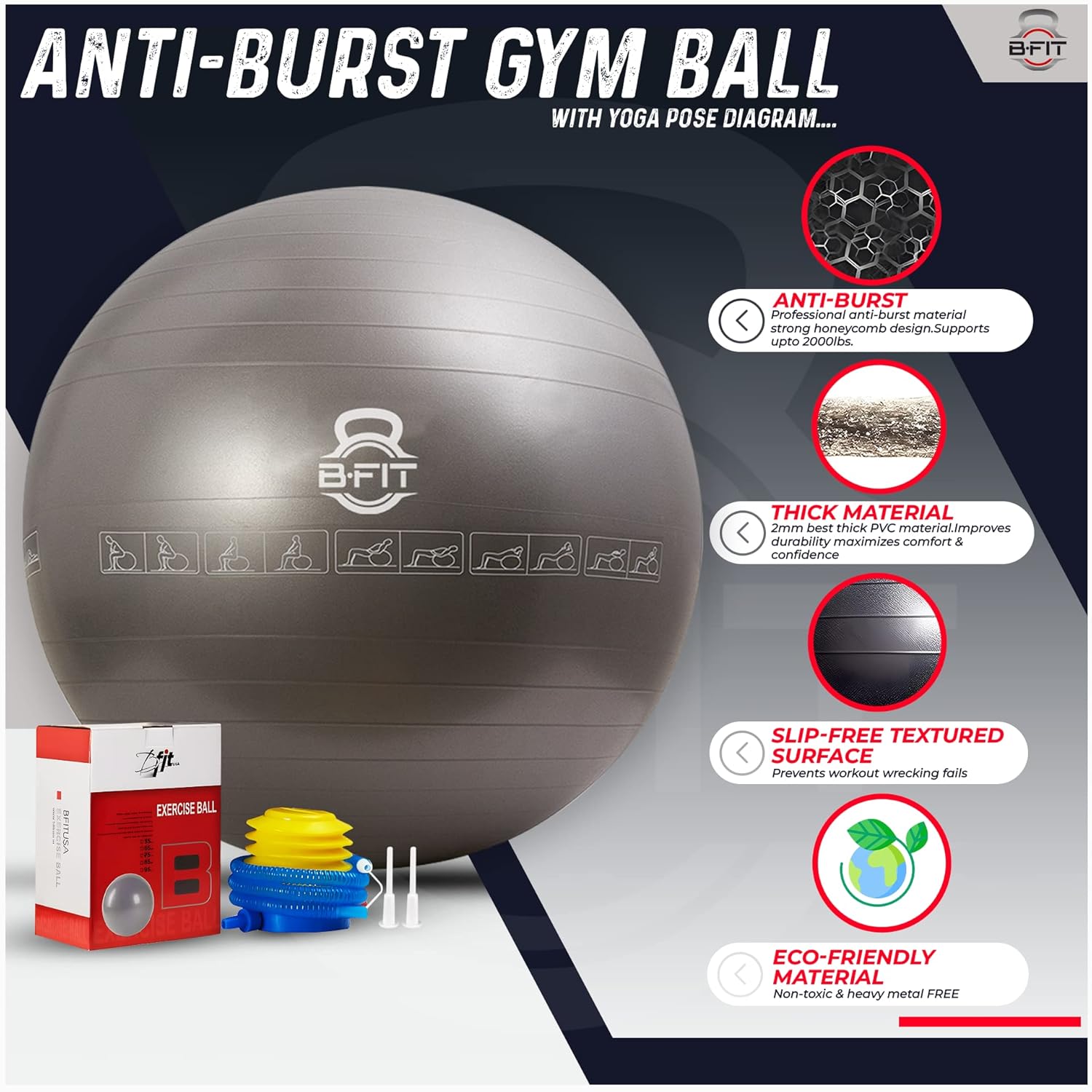 B Fit Exercise Printed Heavy Duty Silver Commercial Gym Ball 55-95 Cm - Non-Slip Stability Ball - Anti Burst Yoga Ball