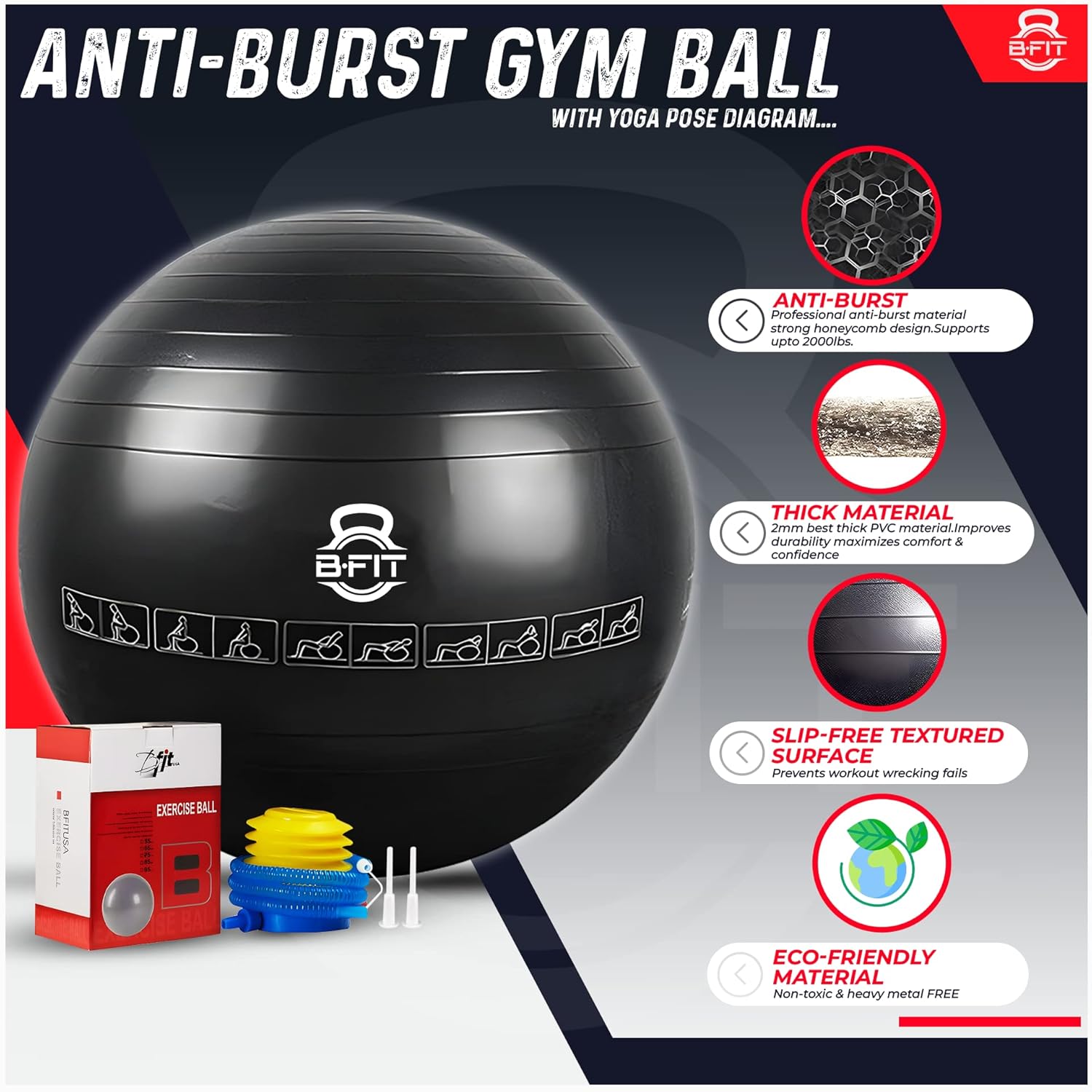 B Fit Exercise Printed Heavy Duty Black Commercial Gym Ball 55-95 Cm - Non-Slip Stability Ball - Anti Burst Yoga Ball