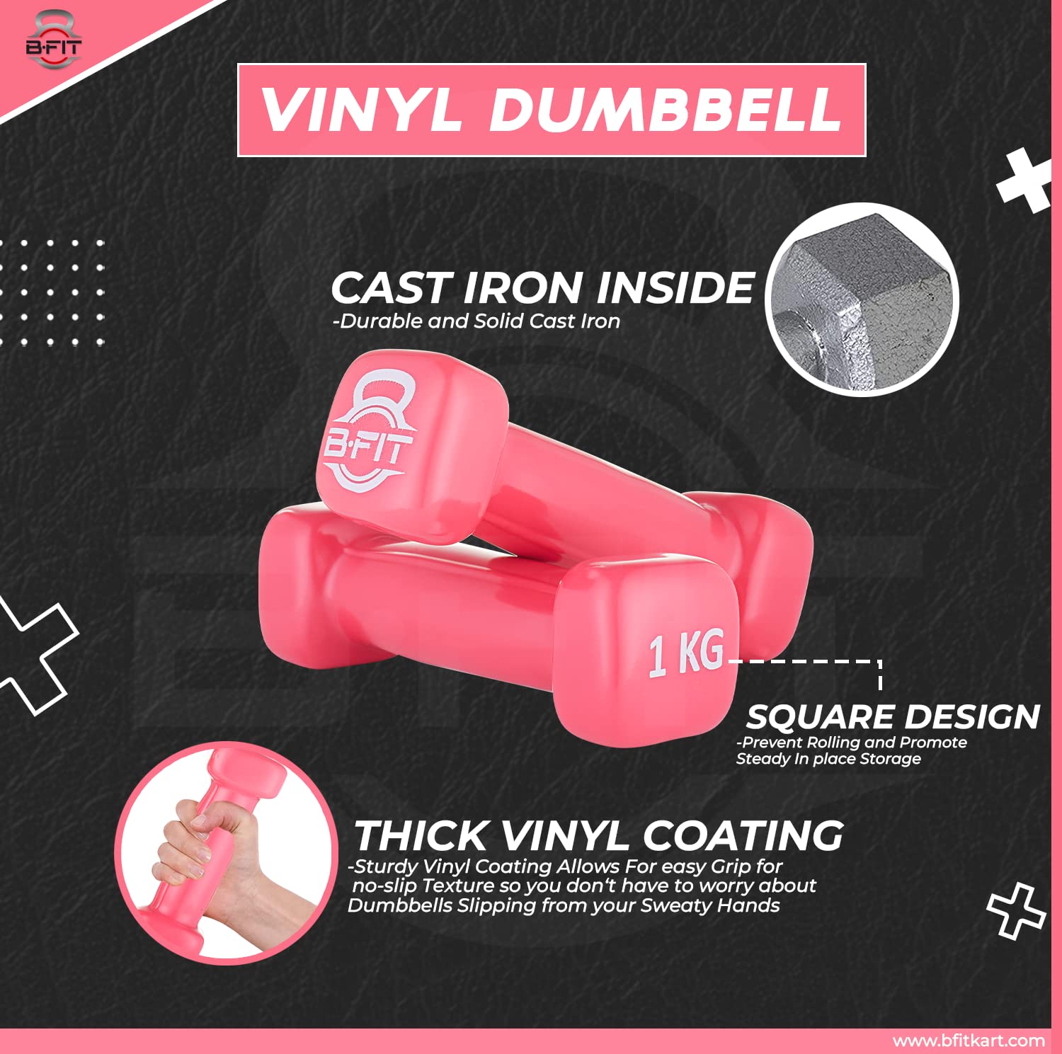 B fit Vinyl Square shape Dumbbell 1 Kg Pair Packing