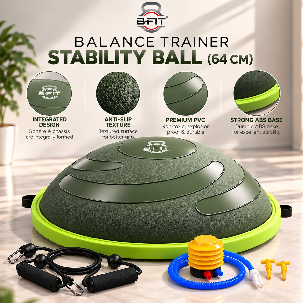 B FIT Balance Trainer Stability Half Ball Bosu Ball Green Color Size 64 Cm with Pump and Tubes