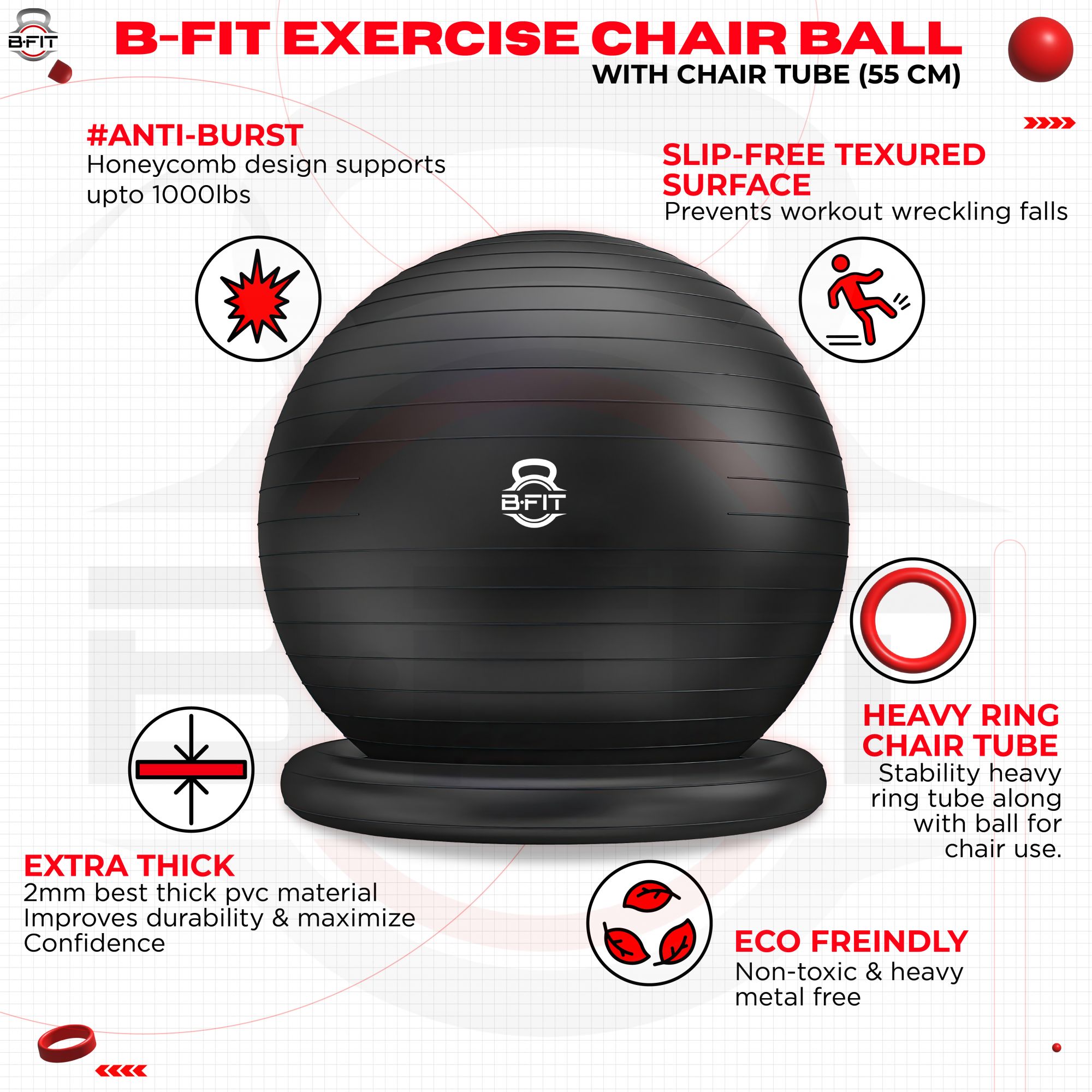 B fit PVC Exercise Printed Anti burst Chair Gym Ball Size 55 cm Black
