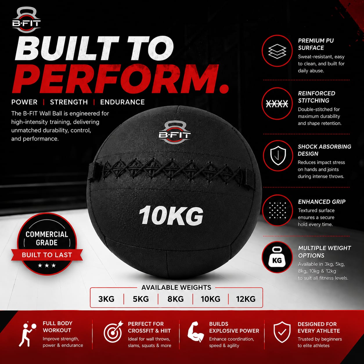 B fit Wall Ball 10 Kg Weighted Exercise Ball for Dynamic Home Gym HIIT Workouts Build Strength Power Endurance Cardio Fitness Soft Leather Heavy Duty Material Comfortable Grip Balanced Weight