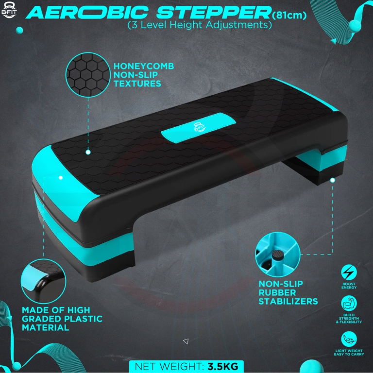 B Fit Adjustable Workout Aerobic Stepper in Fitness Exercise Step Platform Trainer 3 settings adjustable height 4-6-8