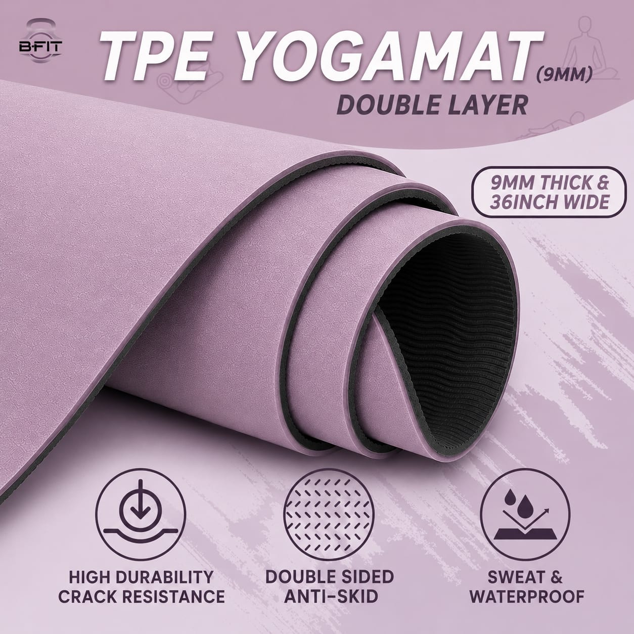 B Fit Extra Wide 36x68 Inch 9 MM Thick Premium TPE Yoga Mat with Alignment Printed Dark Purple-Black Color - Classic Pro Yoga Mat Eco Friendly Non Slip Fitness Exercise Mat with Smart Carry Bag-Workout Mat for Yoga Pilates and Floor Exercises