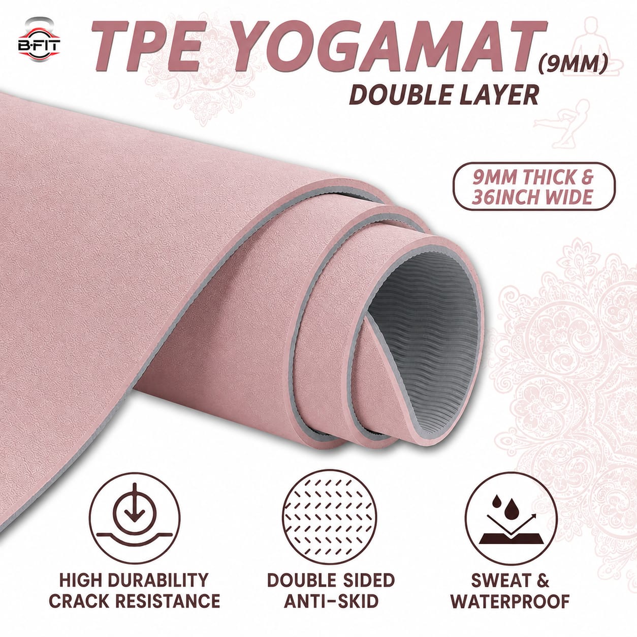 B Fit Extra Wide 36x68 Inch 9 MM Thick Premium TPE Yoga Mat with Alignment Printed Purple-Grey Color - Classic Pro Yoga Mat Eco Friendly Non Slip Fitness Exercise Mat with Smart Carry Bag-Workout Mat for Yoga Pilates and Floor Exercises