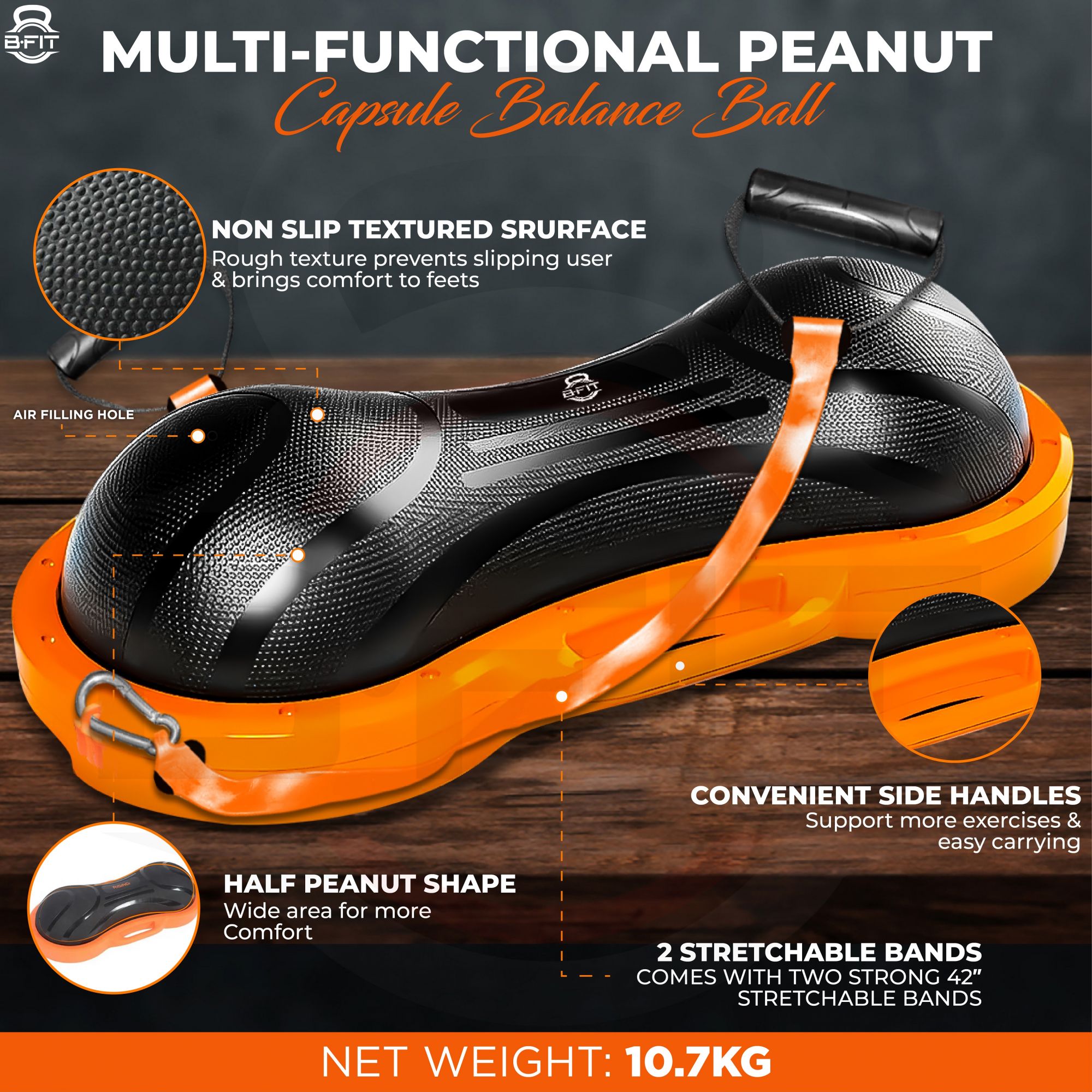 B FIT Balance Trainer Stability Half Bosu Ball with Resistance bands and Pump - Improve Core and Ab Strength With Full Body Home Gym Workouts Or Fitness Training