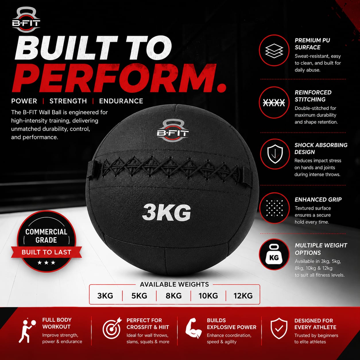 B fit Wall Ball 3 Kg Weighted Exercise Ball for Dynamic Home Gym HIIT Workouts Build Strength Power Endurance Cardio Fitness Soft Leather Heavy Duty Material Comfortable Grip Balanced Weight