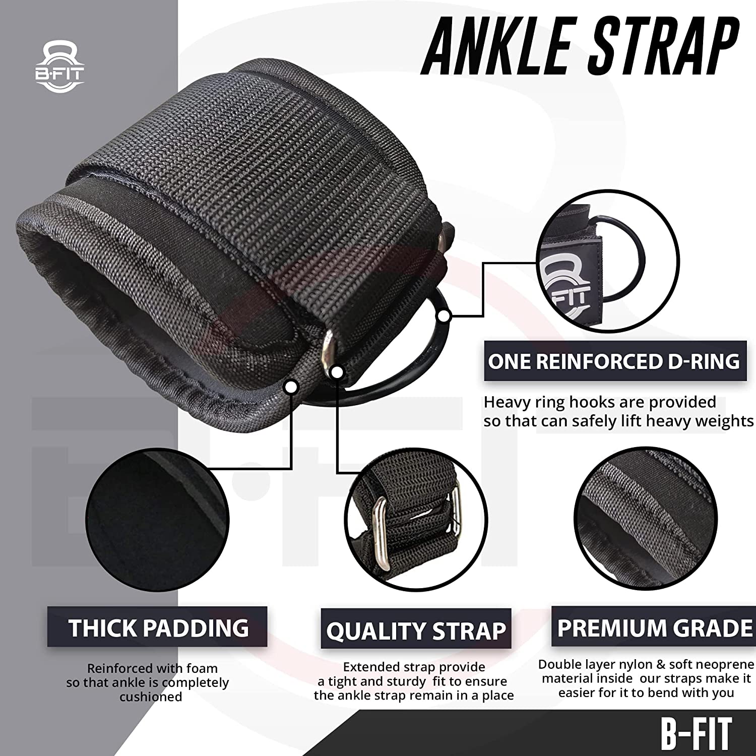 B Fit Ankle Strap Neoprene Padded Fitness Wrist Cuff with D Ring High Strength Exercises Belt Gym Pulley Strap for Cable Machines One Pair