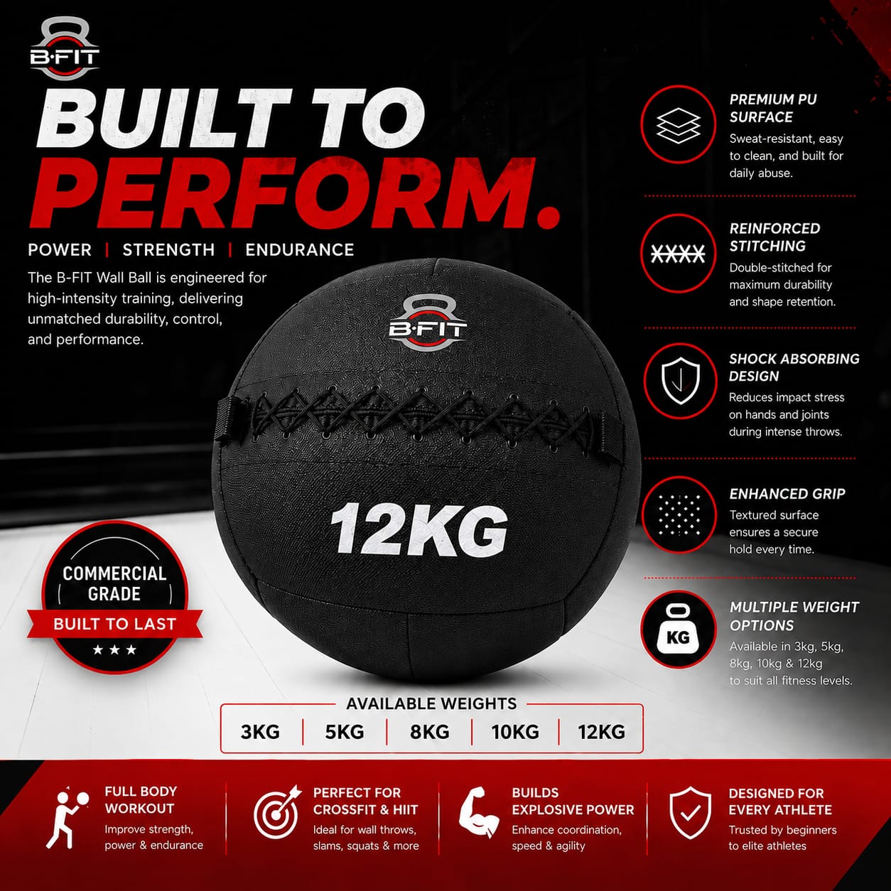 B fit Wall Ball 12 Kg Weighted Exercise Ball for Dynamic Home Gym HIIT Workouts Build Strength Power Endurance Cardio Fitness Soft Leather Heavy Duty Material Comfortable Grip Balanced Weight