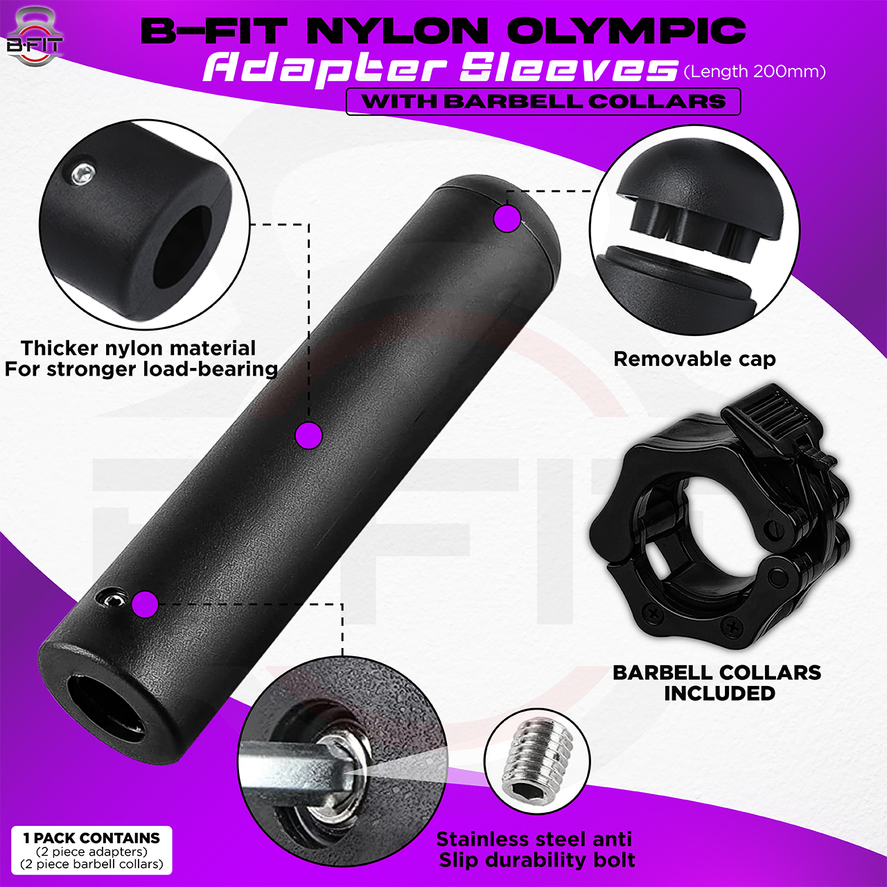 B Fit 2 Pcs Nylon Olympic Adapter Sleeve 8 Convert 1 With Collars Pair Bars or Posts to 2 Olympic Bars 50 200MM