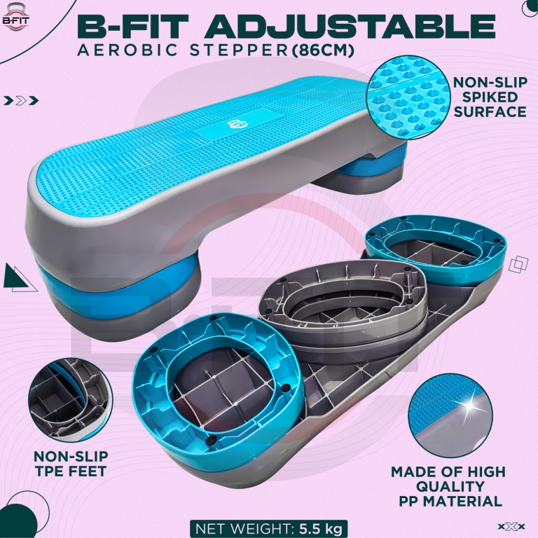 B Fit Aerobic Step Platform Workout Fitness Equipment Stepper Trainer Aerobic Step Platform with with 3 Riser Platform Non-Slip Surface Color Blue Size 85X35X21CM