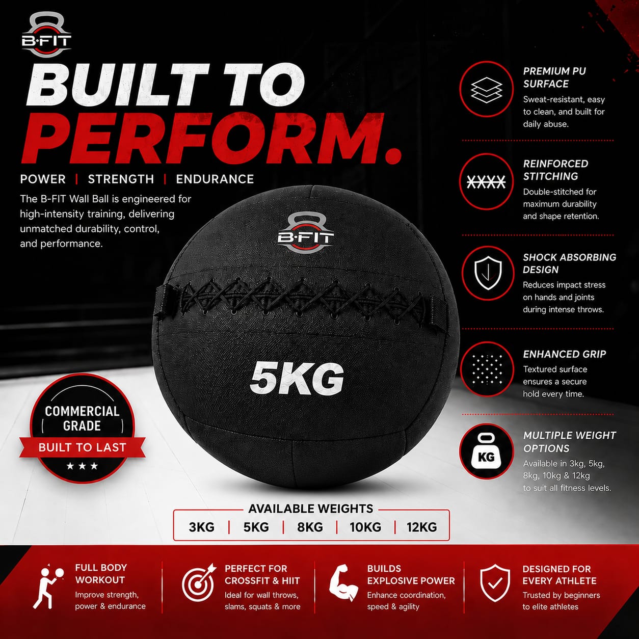B fit Wall Ball 5 Kg Weighted Exercise Ball for Dynamic Home Gym HIIT Workouts Build Strength Power Endurance Cardio Fitness Soft Leather Heavy Duty Material Comfortable Grip Balanced Weight