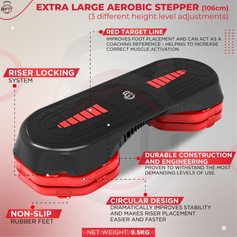 B Fit Aerobic Step Platform Steppers Size 106x36x20 Cm for Exercise Risers for Cardio Strength Training for Men Women Indoor Exercise FitnessRed and Black