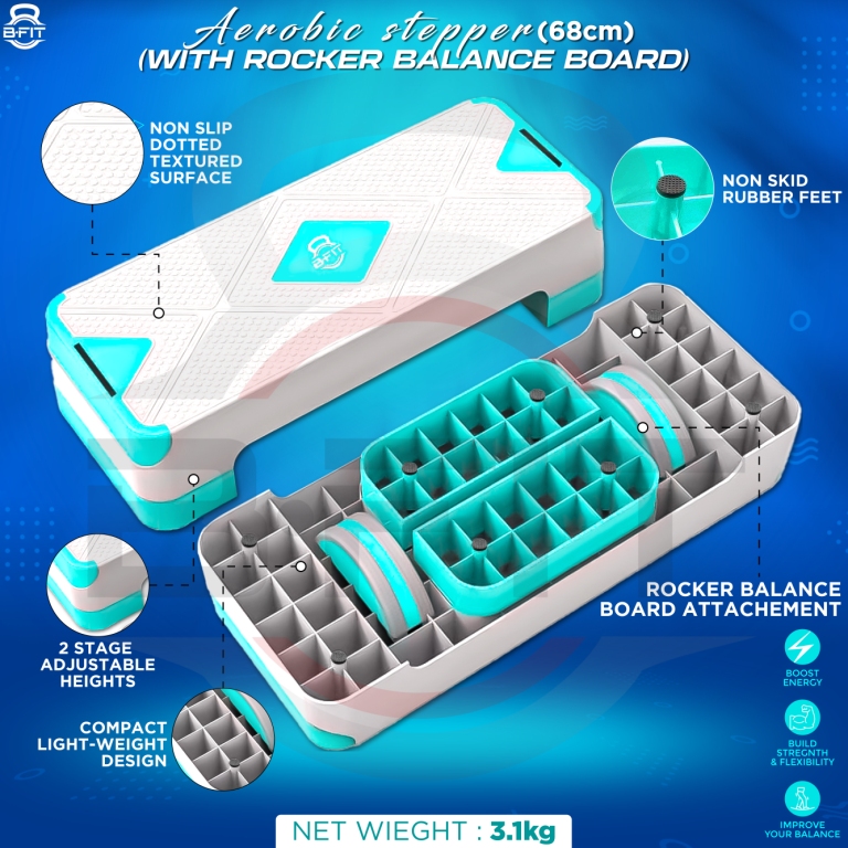 B Fit 2-in-1 Adjustable Aerobic Step Platform Fitness Exercise Stepper with Rocker Balance Board Legs for Home Workout Step Exercise Balance Training