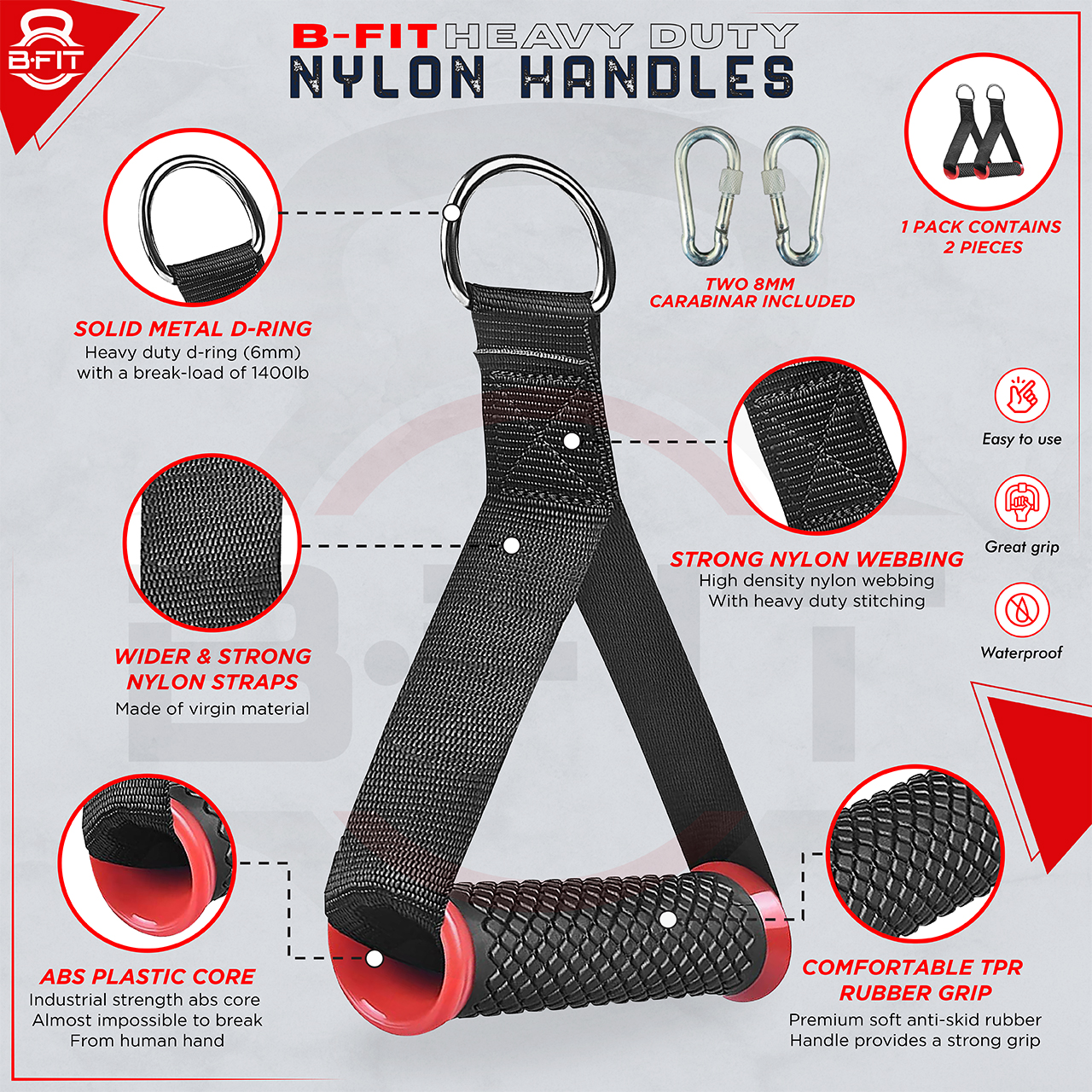 B Fit Nylon Gym Handle Pair with 8 MM Carabiners Snap Hook