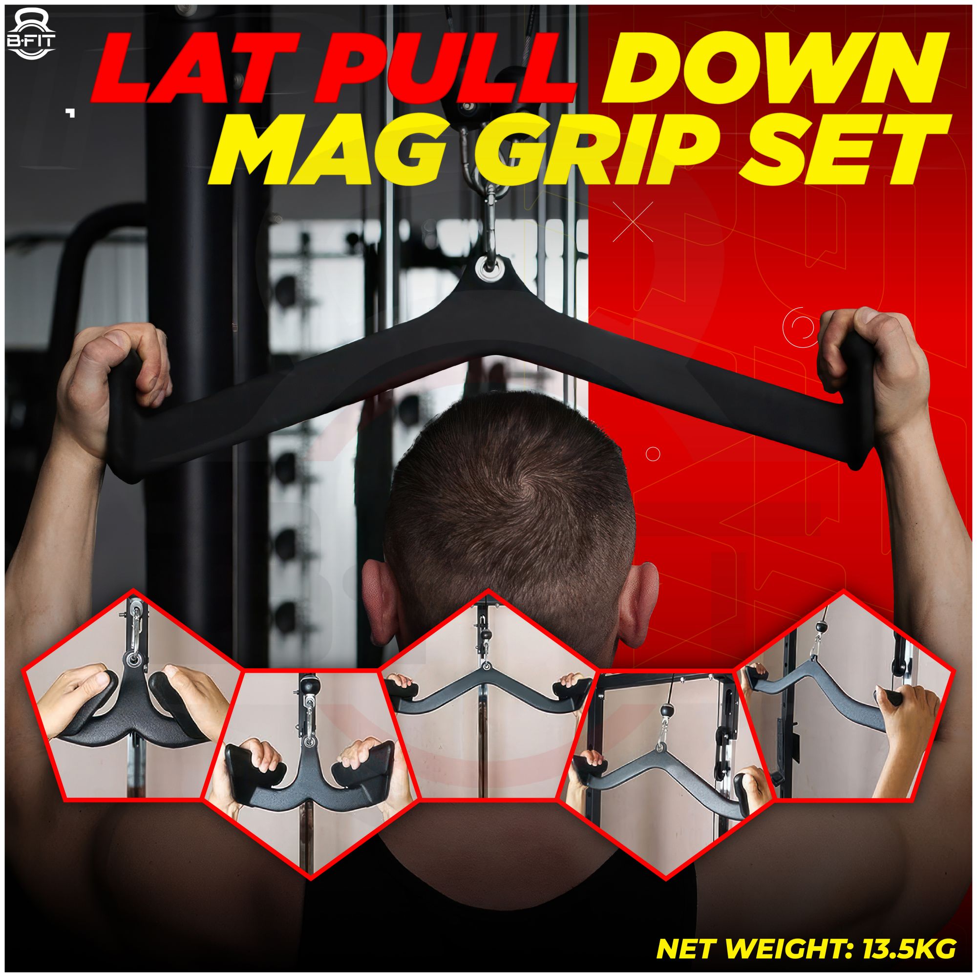 B Fit Mag Grip Set of 5 LAT Pull Down Bar for Cable Machine LAT Pulldown Attachments T Bar V Bar Cable Attachment Back Tricep Bar Strength Training Handle