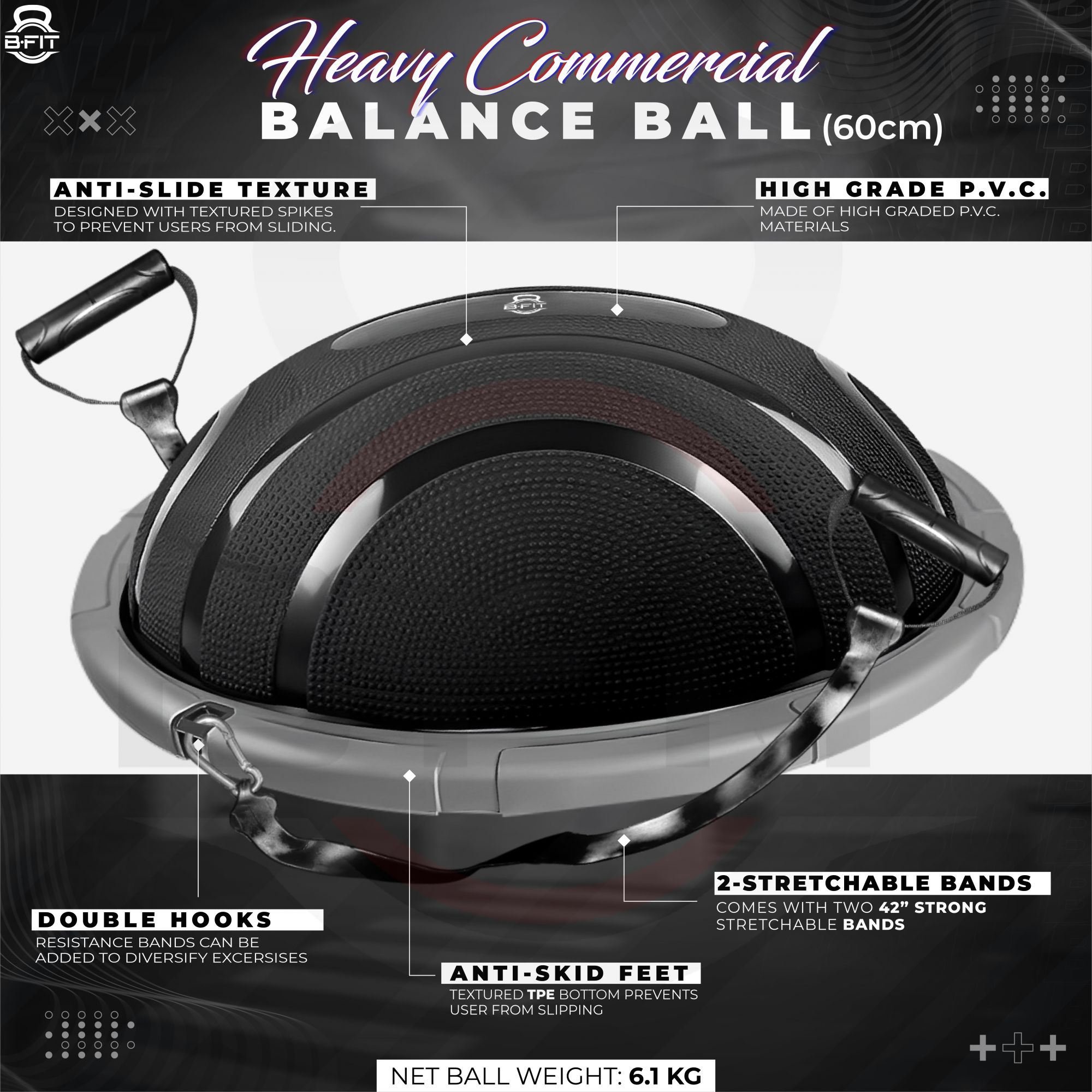 B FIT Balance Trainer Stability Half Bosu Ball with Resistance Bands and Pump - Improve Core and Ab Strength With Full Body Home Gym Workouts Or Fitness Training