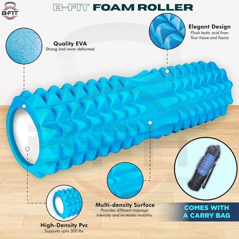 B Fit Yoga 18 Inch Foam Roller with Carry Bag for Back Pilates Exercise Massager Roller for Back Massage Assorted Colour
